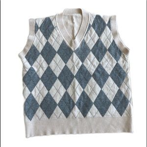 creme and bluish grey plaid vest size L